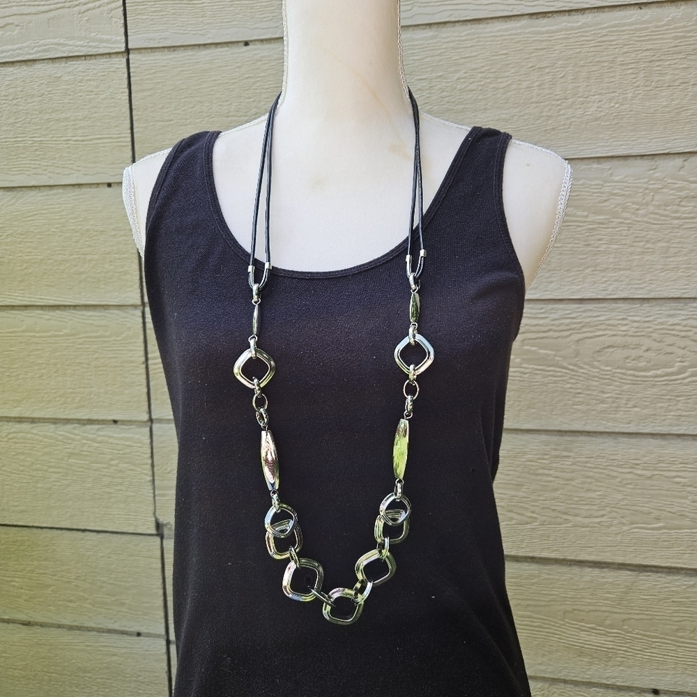 Chico's long heavy black cord and silver tone link necklace